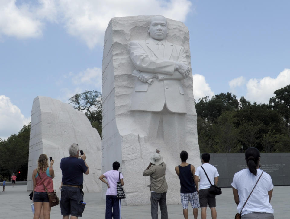 The Martin Luther King, Jr., Memorial in Washington, Tuesday, Aug. 28, 2012. A year after the Martin Luther King Jr. Memorial opened to visitors on the National Mall, the group behind the monument is still working with the National Park Service to change an inscription quoting the civil rights leader and plans to bring new programs to the site. (AP Photo/Susan Walsh)