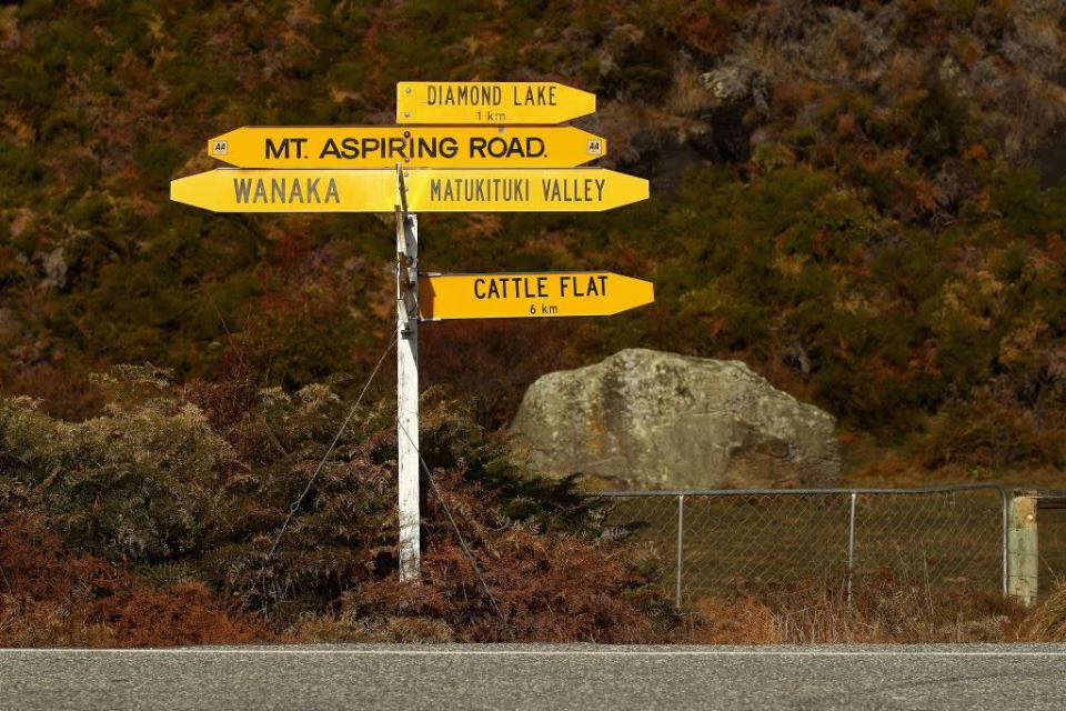 A roadsign on Mt. Aspiring road in Wanaka, New Zealand.