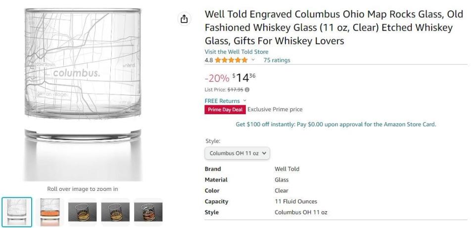 Columbus map etched whiskey glass