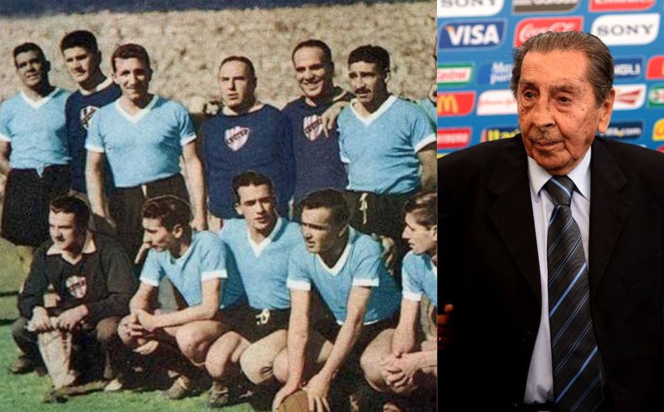 Alcides Ghiggia (zweiter von unten links, verstorben 2015) war der letzte Überlebende der uruguayischen Weltmeistermannschaft von 1950. Und er war im entscheidenden Spiel der Finalrunde zum 2:1-Siegtor gegen den Gastgeber zur Stelle. Für die 200.000 Zuschauer in Rio war es der "Schock von Maracana", der schmachvolle Tiefpunkt in der Geschichte des brasilianischen Fußballs. Bis es 2014 beim 1:7 gegen Deutschland noch schlimmer kam ... (Bild: Buda Mendes/Getty Images/Gemeinfrei)