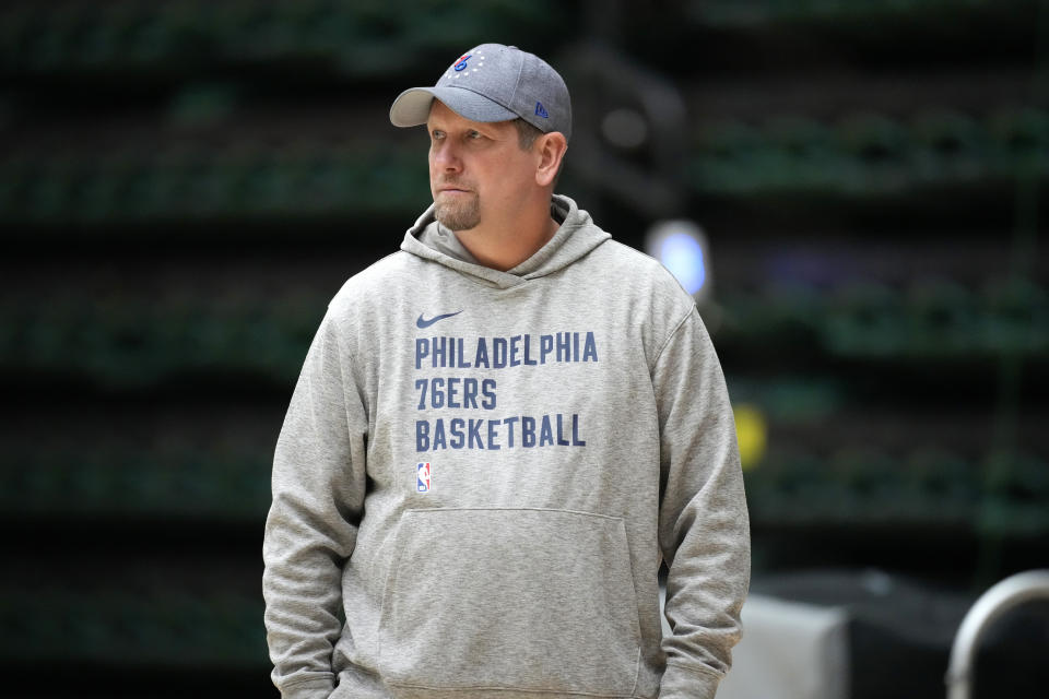 Philadelphia 76ers head coach Nick Nurse looks on during the NBA basketball team's practice on Thursday, Oct. 5, 2023, in Fort Collins, Colo. (AP Photo/David Zalubowski)