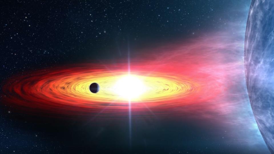 A visualization of an exoplanet outside of our Milky Way galaxy, orbiting a neutron star.