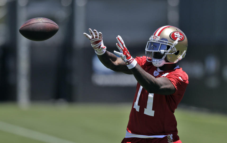 San Francisco 49ers wide receiver Marquise Goodwin makes a catch at practice. (AP)