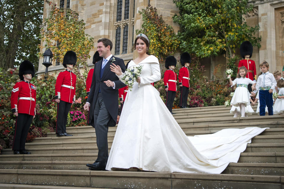 Princess Eugenie and her new husband Jack Brooksbank outside St George's Chapel in Windsor Castle following their wedding.