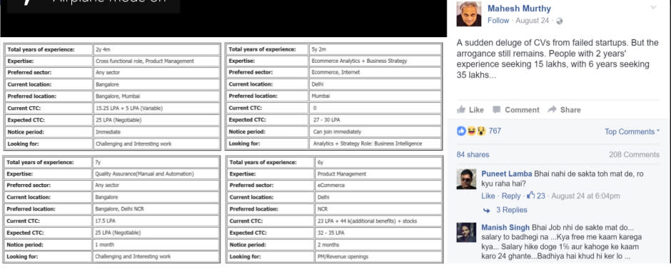 Screenshot of Mahesh Murthy's post on Facebook.