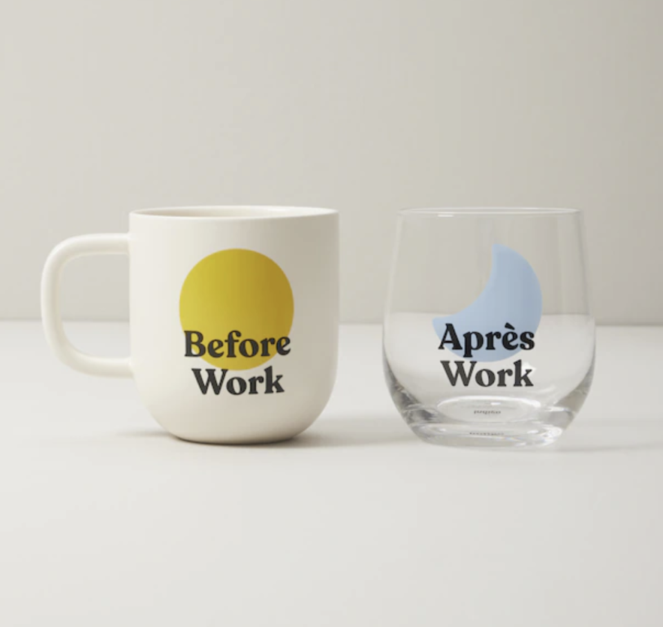 Before & Apr&#xe8;s Work Mug and Wine Glass Set (photo via Indigo)