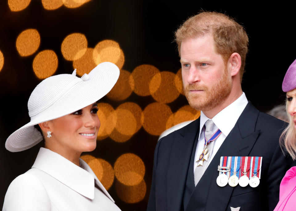 LONDON, UNITED KINGDOM - JUNE 03: (EMBARGOED FOR PUBLICATION IN UK NEWSPAPERS UNTIL 24 HOURS AFTER CREATE DATE AND TIME) Meghan, Duchess of Sussex and Prince Harry, Duke of Sussex attend a National Service of Thanksgiving to celebrate the Platinum Jubilee of Queen Elizabeth II at St Paul's Cathedral on June 3, 2022 in London, England. The Platinum Jubilee of Elizabeth II is being celebrated from June 2 to June 5, 2022, in the UK and Commonwealth to mark the 70th anniversary of the accession of Queen Elizabeth II on 6 February 1952. (Photo by Max Mumby/Indigo/Getty Images)