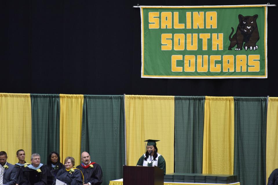 Jennifer Nguyen, a 2022 graduate of Salina South High School, speaks to her fellow students about how their experience at South prepared them for what's to come in the future.