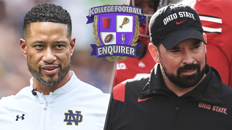 Notre Dame coach Marcus Freeman will face off against Ohio State coach Ryan Day in this weekend's marquee college football matchup. (Photos by Robin Alam/Icon Sportswire via Getty Images; Harry How/Getty Images)