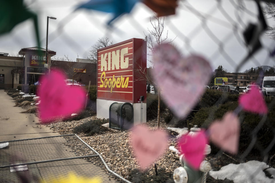 BOULDER, CO - MARCH 25: A makeshift memorial is set up for the victims of the shooting at a King Soopers grocery store on March 25, 2021 in Boulder, Colorado. The Monday shooting left 10 people dead, including one police officer. / Credit: Chet Strange / Getty Images