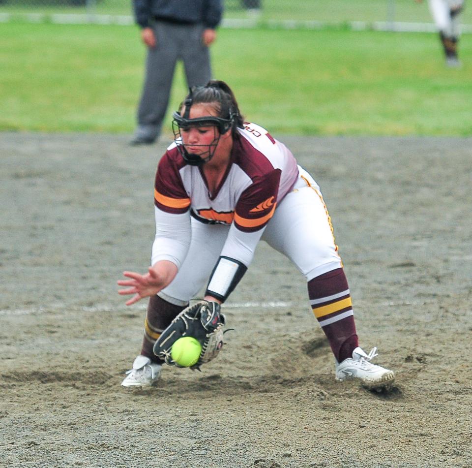 Case’s Hailey Berube fields a ground ball during a recent game against New Bedford.