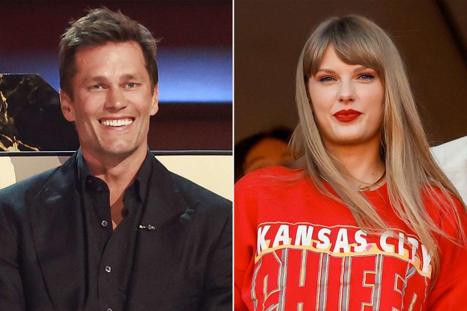 <p>Matt Winkelmeyer/Getty; David Eulitt/Getty</p> Tom Brady (left); Taylor Swift