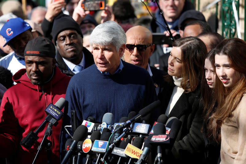 Rod Blagojevich speaks outside his home after U.S. President Donald Trump commuted his prison sentence, in Chicago