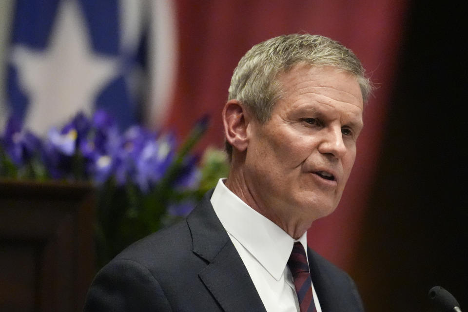 Gov. Bill Lee delivers his State of the State address in the House chamber Monday, Feb. 5, 2024, in Nashville, Tenn. (AP Photo/George Walker IV)