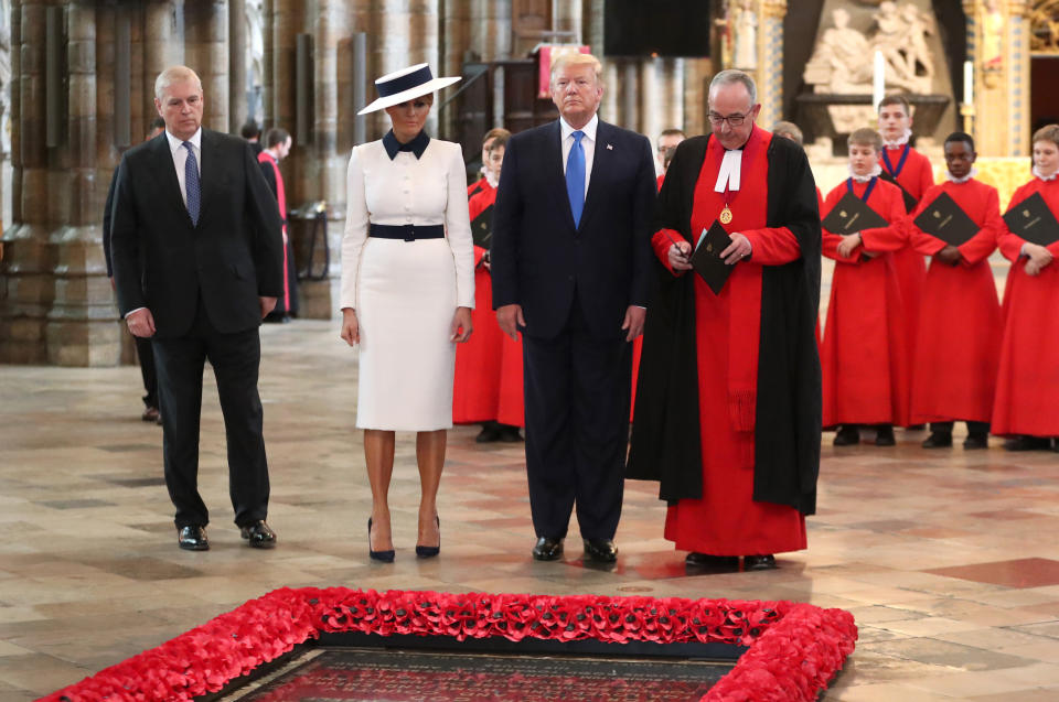 The Duke of York (left) with Donald Trump, first lady Melania Trump and the dean of Westminster at the Grave of the Unknown Warrior on June 3 in London. (Photo: Chris Jackson via Getty Images)