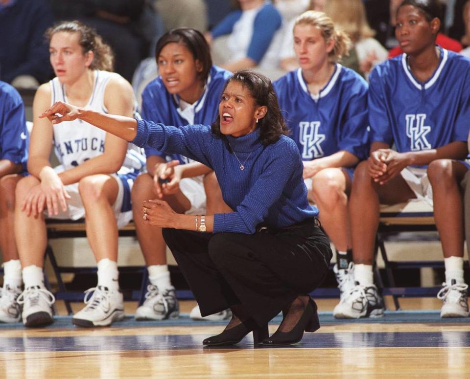 Kentucky coach Bernadette Mattox, shouted instructions to her team against Arkansas during first half action on sunday January 16,2000 in LExington,Ky.