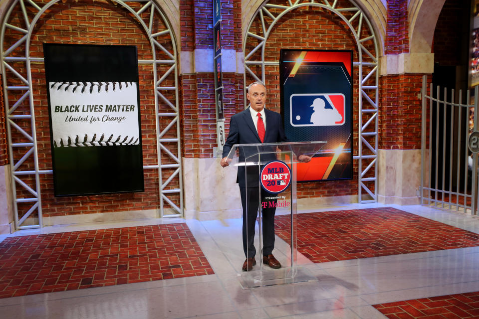 SECAUCUS, NJ - JUNE 10:  Major League Baseball Commissioner Robert D. Manfred Jr. makes an opening statement about #BlackLivesMatter and Major League Baseball during the 2020 Major League Baseball Draft at MLB Network on Wednesday, June 10, 2020 in Secaucus, New Jersey. (Photo by Alex Trautwig/MLB Photos via Getty Images)