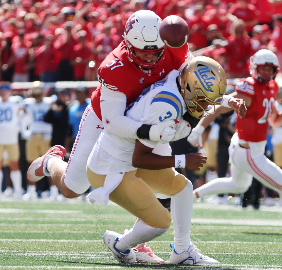 Utah Utes defensive tackle Keanu Tanuvasa (57) sacks UCLA Bruins quarterback Dante Moore (3), causing a fumble, in Salt Lake City on Saturday, Sept. 23, 2023. | Jeffrey D. Allred, Deseret News