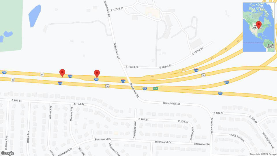 A detailed map that shows the affected road due to 'Broken down vehicle on southbound I-435 in Kansas City' on July 18th at 3:25 p.m.