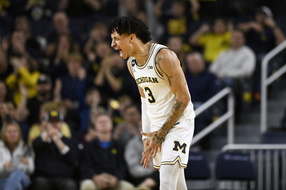Michigan guard Jaelin Llewellyn reacts after Ohio turned the ball over in the second half of U-M's 70-66 overtime win on Sunday, Nov. 20, 2022, at Crisler Center.