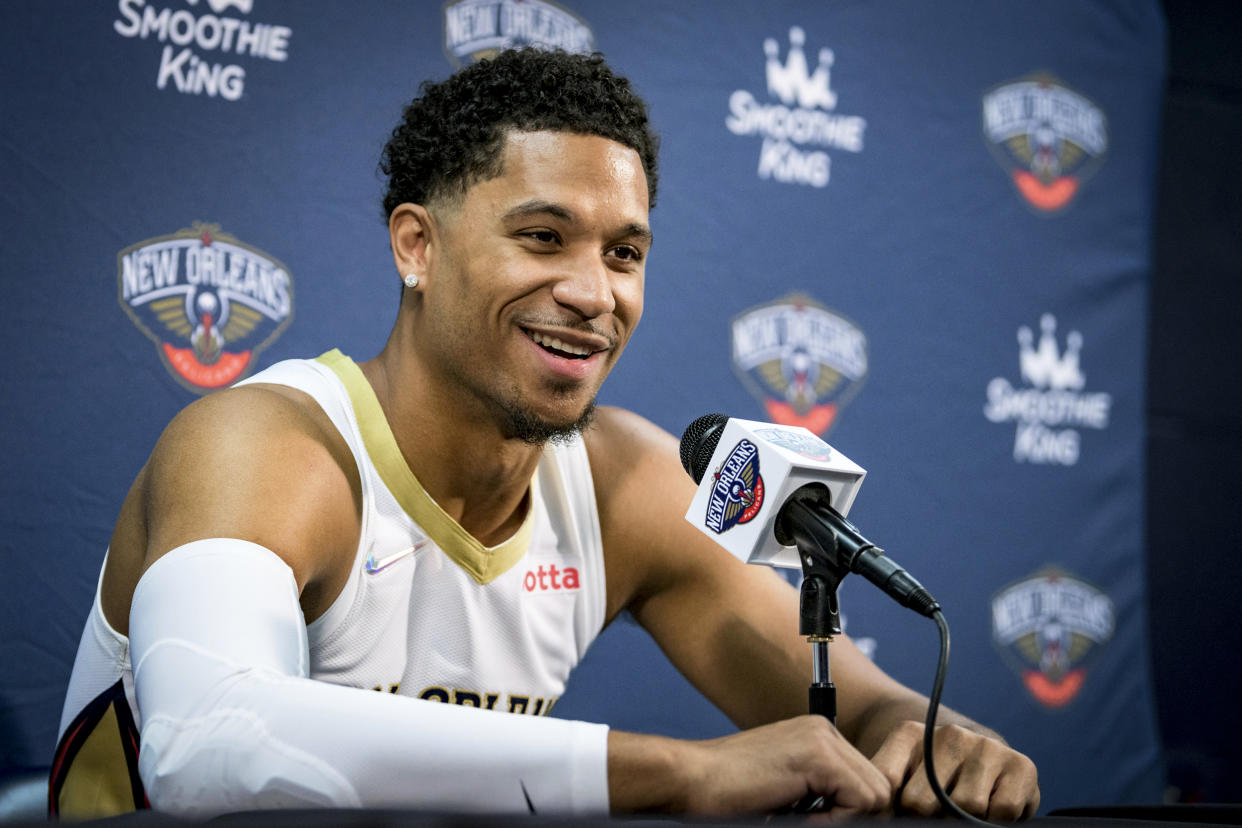 New Orleans Pelicans guard Josh Hart during the NBA Pelicans Media Day in New Orleans on Sept. 27, 2021. (Matthew Hinton / AP)