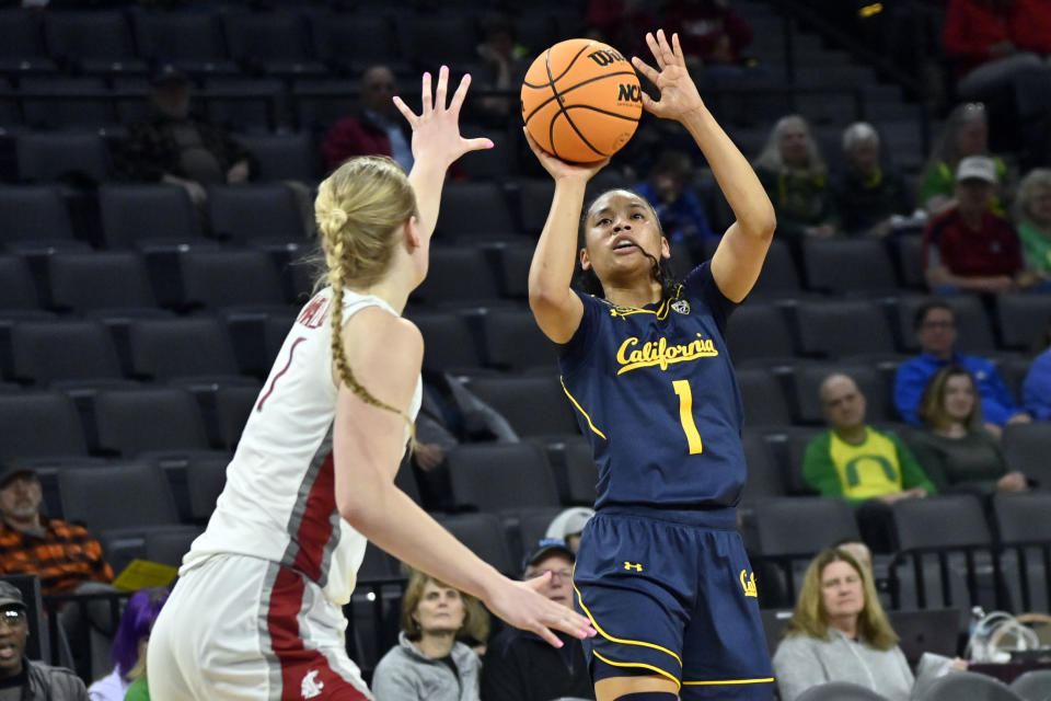 California guard Leilani McIntosh (1) shoot against Washington State guard Tara Wallack during the first half of an NCAA college basketball game in the first round of the Pac-12 women's tournament Wednesday, March 1, 2023, in Las Vegas. (AP Photo/David Becker)