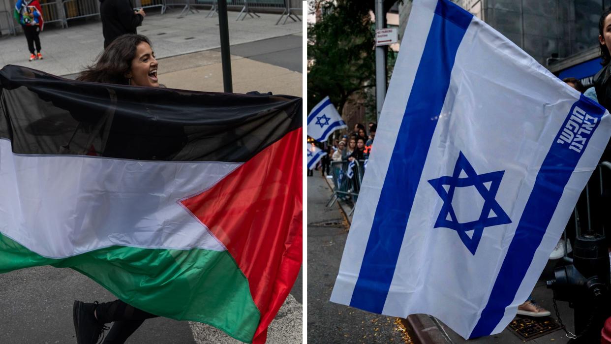 A person runs with the Palestinian flag as people protest in support of the people of Palestine near the Israeli Consulate on October 8, 2023, in New York City. / People attend a "Stand with Israel" vigil and rally in New York City on October 10, 2023.
(Credit: Getty)