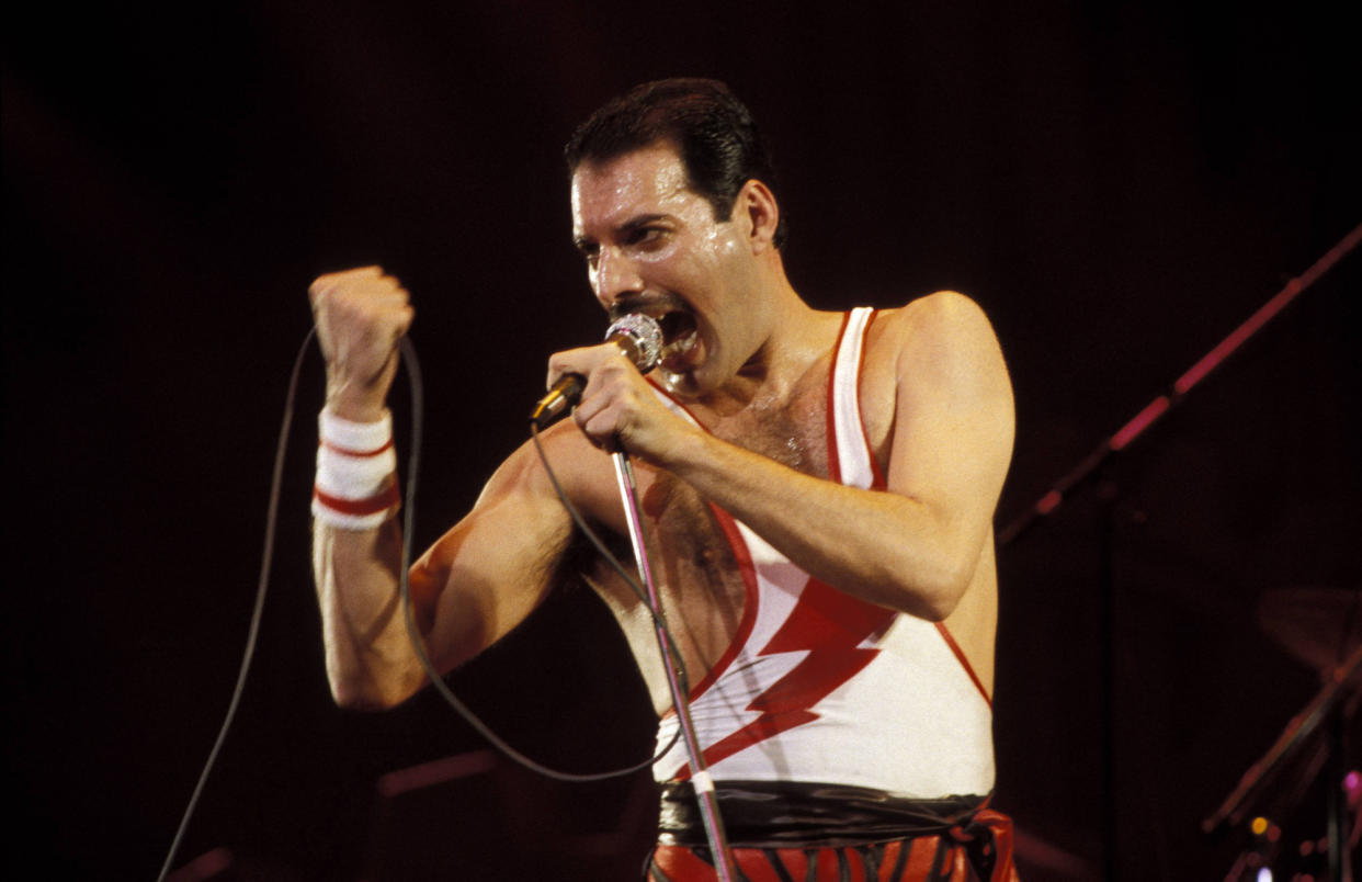 A picture of lead vocalist of Queen, Freddie Mercury performing. (Getty Images)