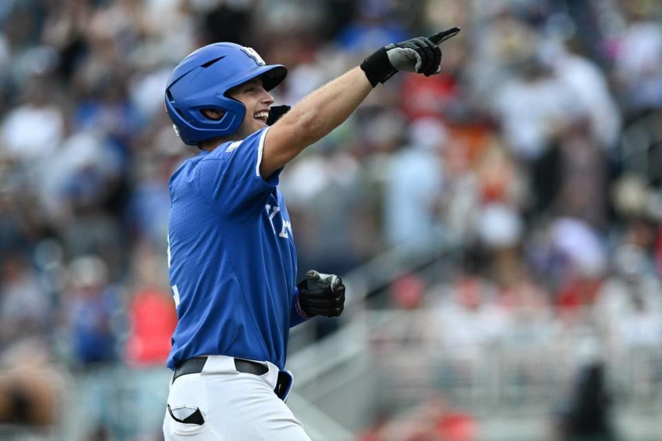 Kentucky third baseman Mitchell Daly celebrates hitting a walk-off home run against N.C. State during the 10th inning at Charles Schwab Field in Omaha, Nebraska, on Saturday.