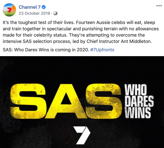 Channel 7 announced a local version of the British hit SAS: Who Dares Wins was 'coming in 2020'. Photo: Facebook/channel7.