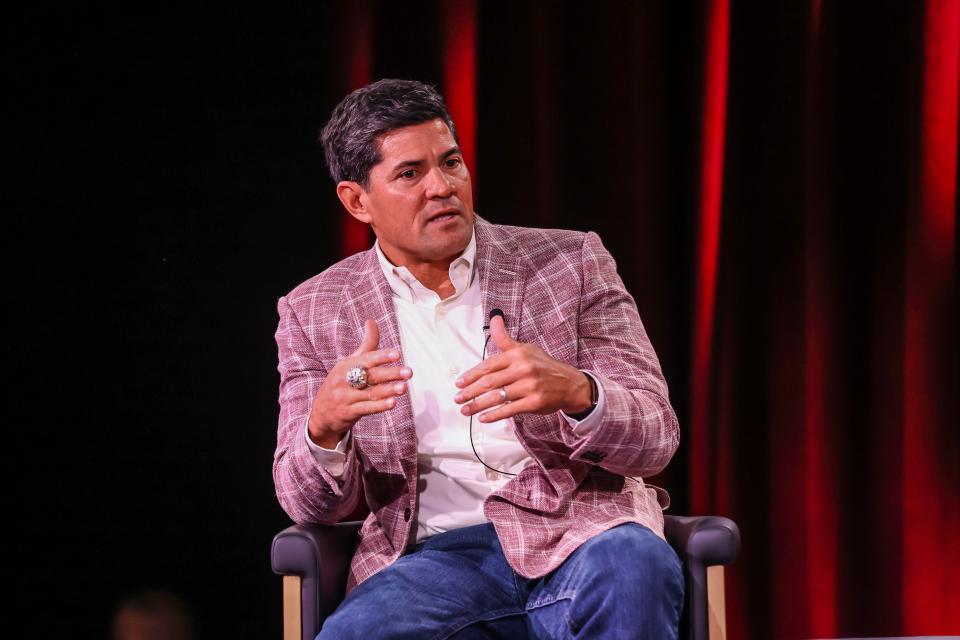 Former New England Patriot and three-time Super Bowl champion Tedy Bruschi talks before a full capacity crowd at The Brook Casino in Seabrook Wednesday, Sept. 27, 2023.