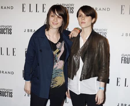 Canadian Indie rock musicians Tegan Rain Quin and Sara Keirsten Quin (R) of Tegan and Sara arrive at ELLE magazine's 2nd annual Women in Music event in Hollywood, California in this April 11, 2011 file photo. REUTERS/Fred Prouser/Files