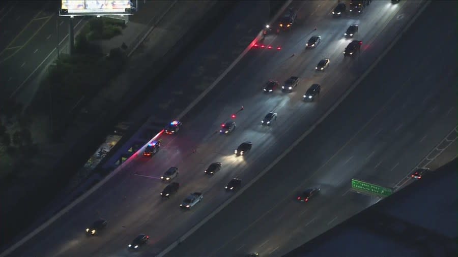 Authorities shut down multiple lanes of the 405 Freeway after a deadly crash in Culver City, CA on April 8, 2024. (Sky5)