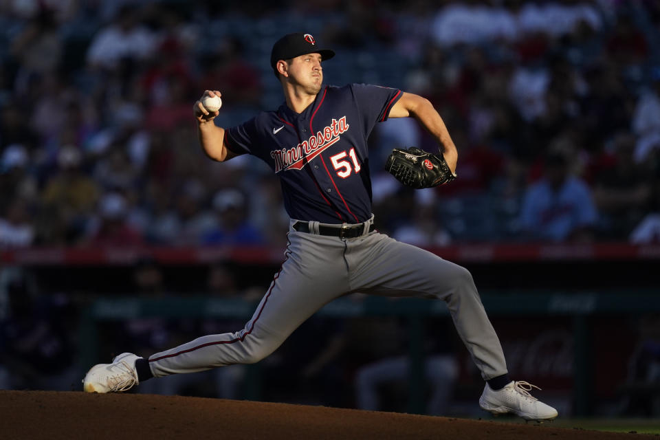 Minnesota Twins starting pitcher Tyler Mahle (51) throws during the first inning of a baseball game against the Los Angeles Angels in Anaheim, Calif., Friday, Aug. 12, 2022. (AP Photo/Ashley Landis)