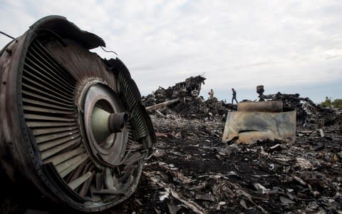 The crash site of the Malaysia Airlines jet near the village of Hrabove, eastern Ukraine, 2014  - Credit: Evgeniy Maloletka/ AP