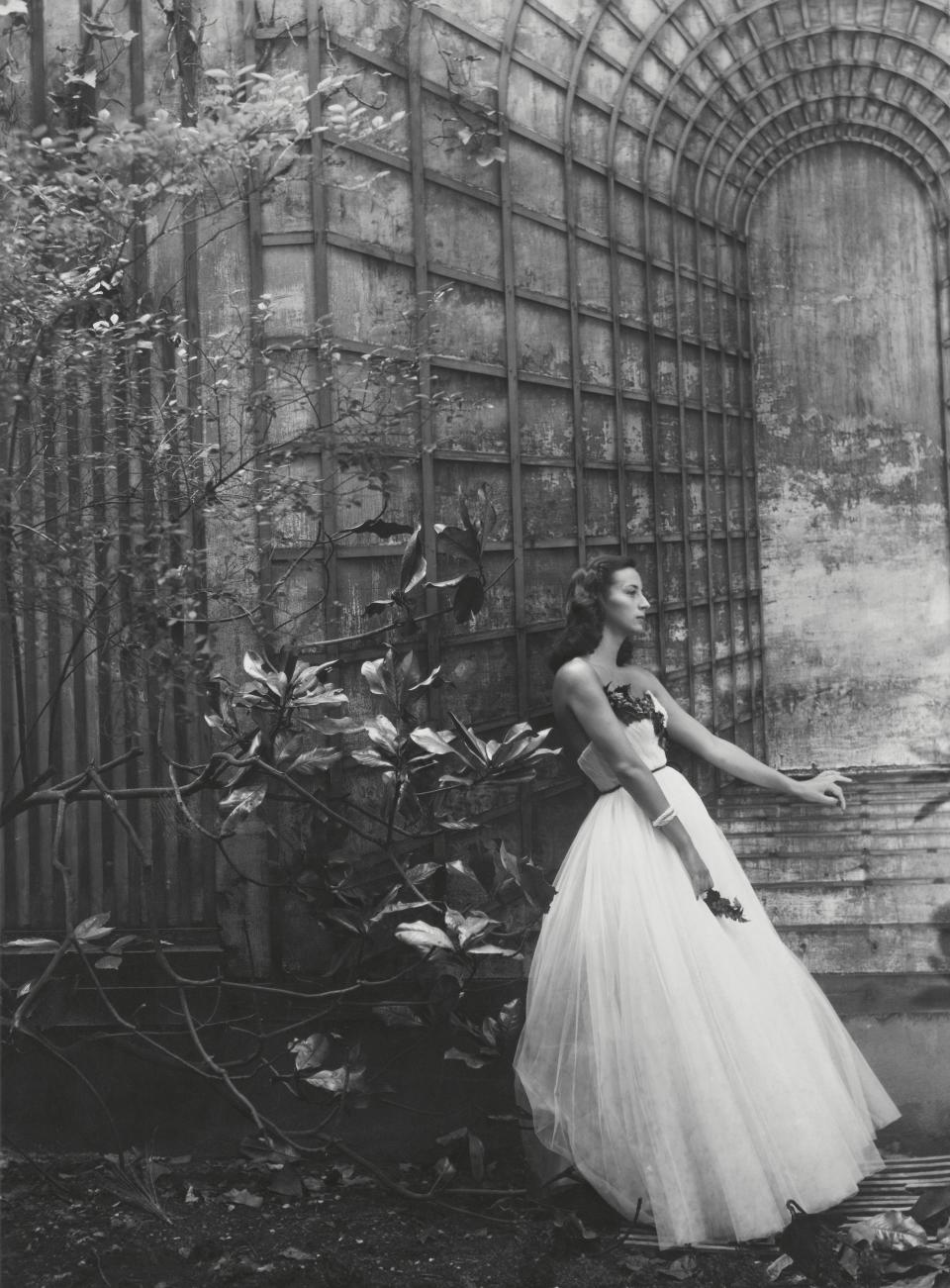 “Mlle. Laure de Noailles in Balmain’s white tulle ball dress. . . . [She] is photographed here in one of the most beautiful debutante dresses in Paris, by Balmain, new sensation of the Paris couture. The dress has a foaming full skirt; its pleated, strapless bodice is crossed with a deep-colored spray of holly leaves and berries; its waist is knotted round with a narrow green velvet cord.”