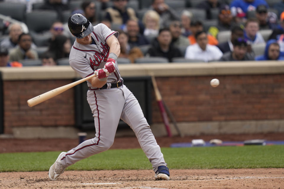 Atlanta Braves' Sean Murphy hits a three-run home run during the seventh inning of the first baseball game of a doubleheader against the New York Mets at Citi Field, Monday, May 1, 2023, in New York. (AP Photo/Seth Wenig)