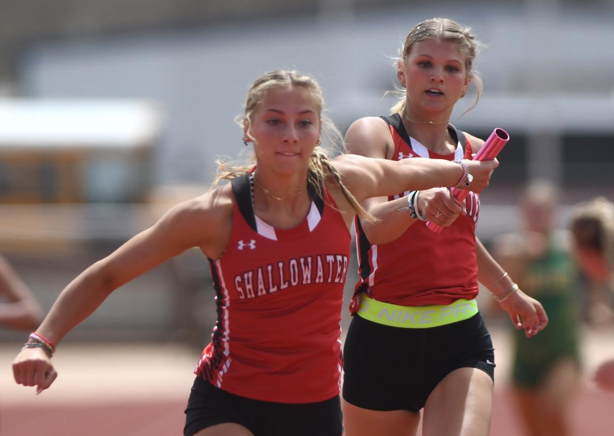Shallowater competes in the 800-meter relay at the District 2-3A track and field meet Friday, April 5, 2024, at Antelope Stadium in Abernathy.