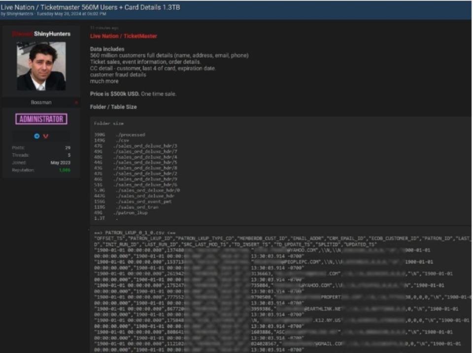 ShinyHunters on Breach Forums claiming Ticketmaster data breach