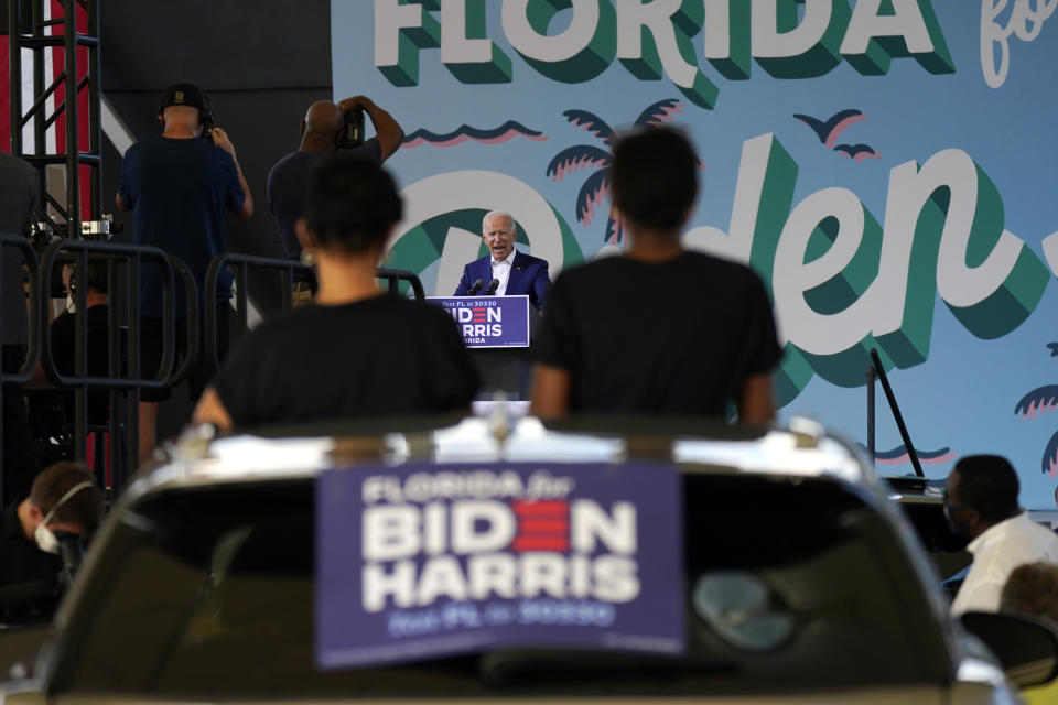 Democratic presidential candidate former Vice President Joe Biden speaks at Miramar Regional Park in Miramar, Fla., Tuesday Oct. 13, 2020. (AP Photo/Carolyn Kaster)