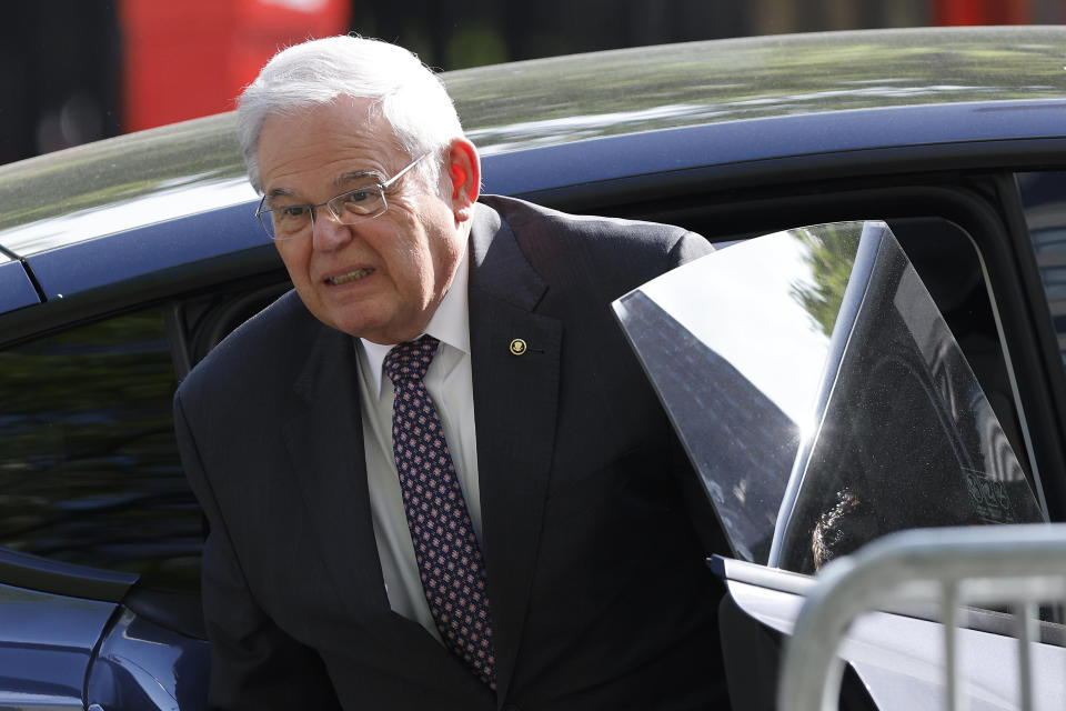 Sen. Bob Menendez, D-N.J., arrives at Manhattan federal court, Tuesday, May 14, 2024, in New York. The corruption trial of Sen. Bob Menendez has begun in Manhattan federal court. The 70-year-old Democrat is accused of accepting bribes of gold and cash to use his influence to aid three New Jersey businessmen. (AP Photo/Stefan Jeremiah)