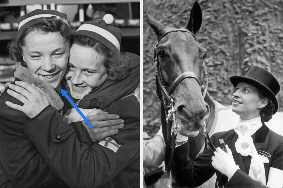 Lydia Wideman (pictured left) was the first female Olympic medalist in cross-country skiing and at the time of her death in 2019, she was the oldest living Olympian. Lis Hartel (pictured right) won the silver medal for the newly co-ed equestrian dressage competition, despite being paralyzed from the knees down after contracting polio.