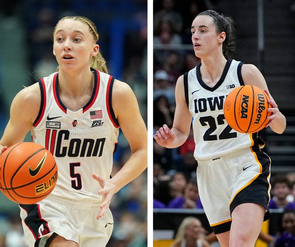 UConn star Paige Bueckers, left, and Iowa star Caitlin Clark, right, will face off Friday night in the Final Four of the 2024 NCAA Tournament.