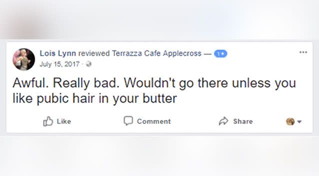 A woman who called herself Lois Lynn left a bogus negative review to Terrazza Cafe in Applecross, who shared CCTV of the scammer last year. Source: The West Australian