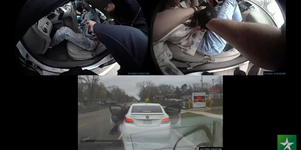 In this composite of two police body cam and one dash cam screen grabs from video, shows events of a traffic stop as Hennepin County Judge Regina Chu presides over court Monday, Dec. 13, 2021, in the trial of former Brooklyn Center police Officer Kim Potter in the April 11, 2021, death of Daunte Wright, at the Hennepin County Courthouse in Minneapolis, Minn.