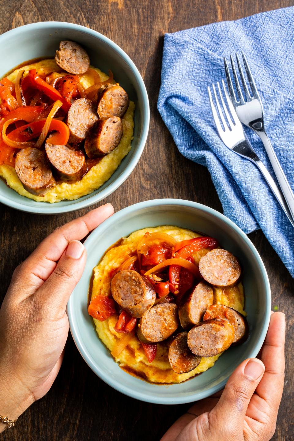 Polenta with Sausage and Peppers is a fan favorite for a quick, easy dinner. And it makes the house smell like a tailgate party.