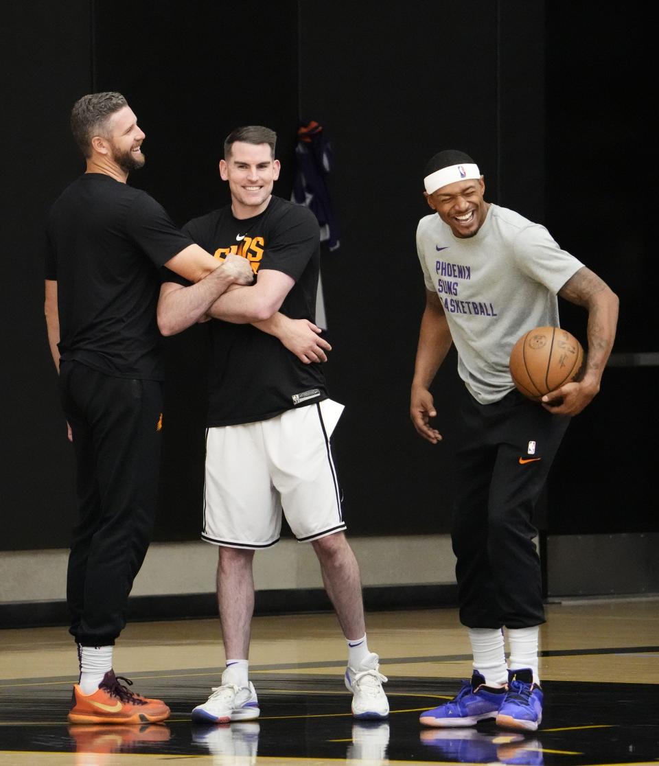 Phoenix Suns guard Bradley Beal laughs during training camp at the Verizon 5G Performance Center facility in Phoenix on Oct. 4, 2023.