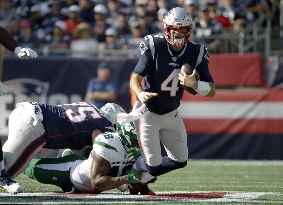 New York Jets linebacker Neville Hewitt (46) sacks New England Patriots quarterback Jarrett Stidham (4) in the second half of an NFL football game, Sunday, Sept. 22, 2019, in Foxborough, Mass. (AP Photo/Elise Amendola)