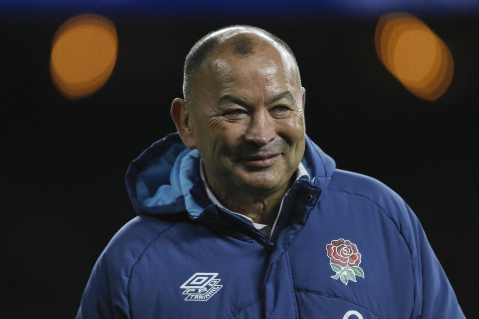 FILE - England head coach Eddie Jones, in London, on Nov. 26, 2022. Rugby Australia said Monday, Jan. 16, 2023, it has hired Jones to be the head coach of the Wallabies, as well as overseeing the women's team, on a long-term deal until 2027. It said current head coach Dave Rennie “will depart the position." (Ben Whitley/PA via AP)