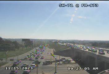 Traffic is backed up near the Austin-Bergstrom International Airport Wednesday morning after a fatal accident between a car and motorcycle on eastbound Texas 71, just before Spirit of Texas Drive.